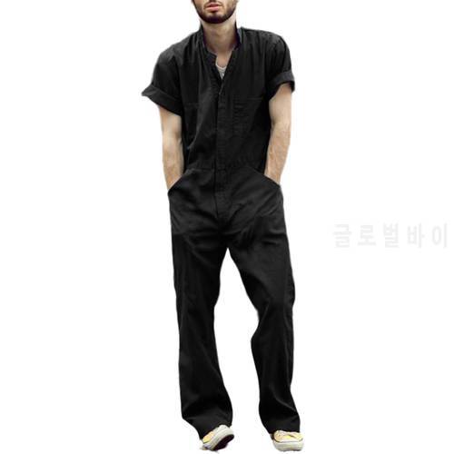 Male Jumpsuit Men Short Sleeve Basic Work Coverall Loose Cargo Overalls Solid Color Casual Joggers Street Wear Pants Jumpsuit