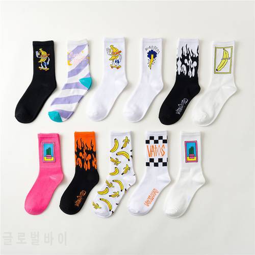 New product Japanese printed cotton Men&39s Socks Harajuku Flame Banana Kawaii Women&39s socks Fashion Street Stripe Male Socks