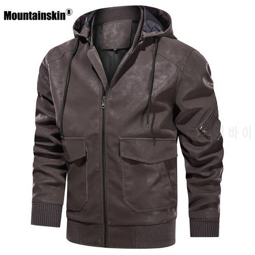 Mountainskin Men&39s Hooded PU Motorcycle Jackets Casual Winter Windproof Leather Coat Male Brand Clothing EU Size MT143