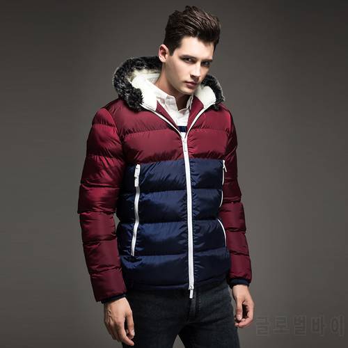 New Contrast Color Mens Winter down Jackets Warm Men&39s Parka Fur hood Men Coat Winter Casual Fit Thick Man Jacket