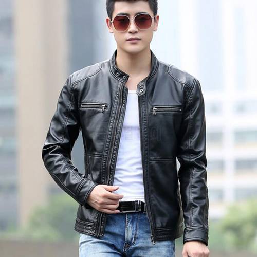 Leather Jacket Spring Autumn Jaqueta De Couro Slim Fit Motorcycle Leather Jacket Mens Casual Stand Collar Zipper Jackets Jaqueta