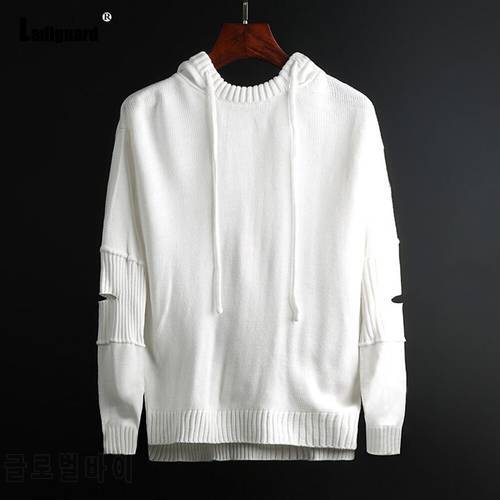 Plus Size Men Knitting Sweater Autumn Fashion Ripped Top Casual Pullovers Ruched Sweaters Male Hoodies Sexy Mens Clothing 2021