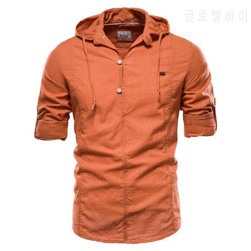 New Design Hoodied Long Sleeve Linen Shirt Men Solid Color 100% Cotton Quality Pullover Shirt for Men Streetwear Men&39s Shirts