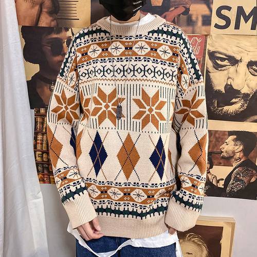 ZAZOMDE Knitted Geometry Vintage Sweater Men Clothes Geometry Pullover Khaki Loose Sweater Casual Streetwear Knit Sweater Men