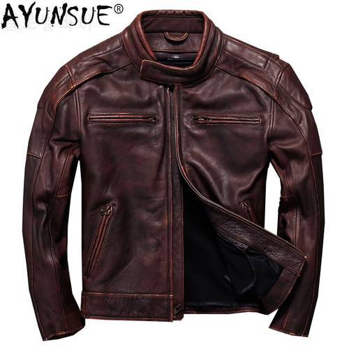 AYUNSUE Retro Cowhide Genuine Leather Jacket Men Real Cow Leather Coat Motorcycle Jacket Short Vintage Leather Jackets KJ1441