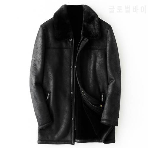 Suede Leather Fur Business Men Leather Jacket Cashmere Fur Mens Shearling Coat Full Mink Collar Winter Overcoats