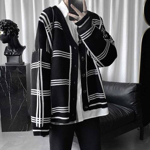 Autumn And Winter Men&39s Cardigan Sweater Men&39s V-Neck Casual Long-Sleeved Loose Plaid Harajuku Wild Knitted Sweater M-2XL