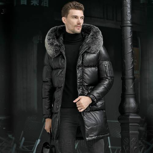Men Winter 95% White Duck Down Jacket Cowhide Genuine Leather Men&39s Down Long Coat Real Fox Fur Collar -40 Degree Keep Warm 5XL