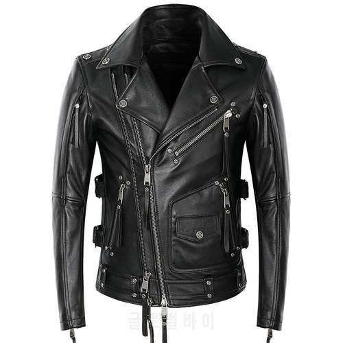 2021 Black American Motorcycle Style Leather Jacket Men Natural Genuine Cowhide Slim Fit Biker&39s oblique zipper Coat S~5XL