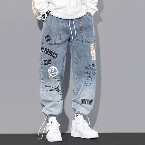 Men&39s jeans autumn letter printing baggy Hip hop jeans men cargo pants Streetwear Cartoon Graffiti Drawstring Denim trousers men