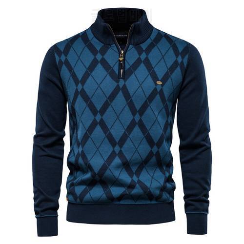 AIOPESON Argyle Men Sweaters Cotton Mock Neck Zipper Patchwork Pullover Men Winter High Quality Fashion Warm Sweaters for Men