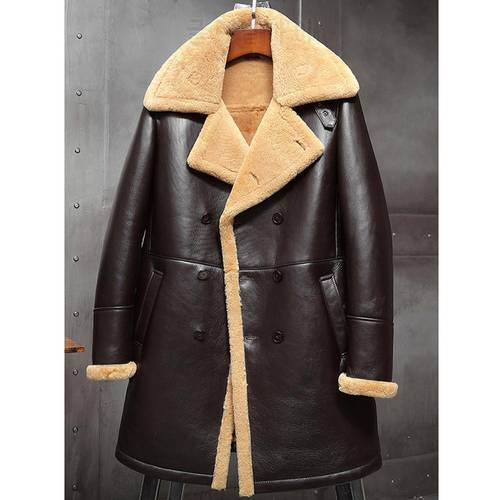 Mens Brown Shearling Coat B3 Flight Jacket Sheepskin Aviator Long Winter Fur Overcoat Bomber Leather Parkas