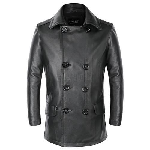 Men&39s Genuine Trench Autumn Winter Cowhide Coat Fashion Double Breasted Formal Black Real Leather Overcoat