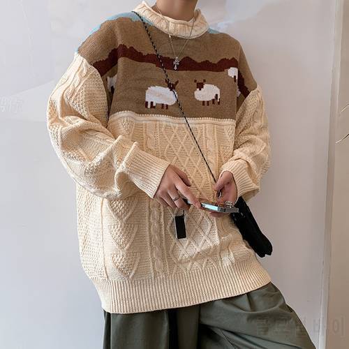 ZAZOMDE 2022 Harajuku Knitted Sweaters Cartoon Sheep Pullovers Men Hip Hop Streetwear Sweater Male Autumn Winter Loose Pullovers