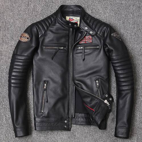 Motorcycle Leather Genuine Jacket for Men Style Biker Jackets Slim Cowhide spring Coat Men