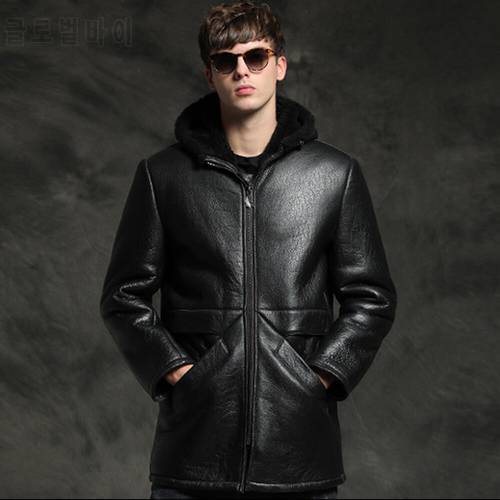 Casual New Thicken Sheepskin Fur Shearling Hooded Jacket Men Winter Warm Real Fur Coat Male Medium Long Jacket Black Fur Outwear