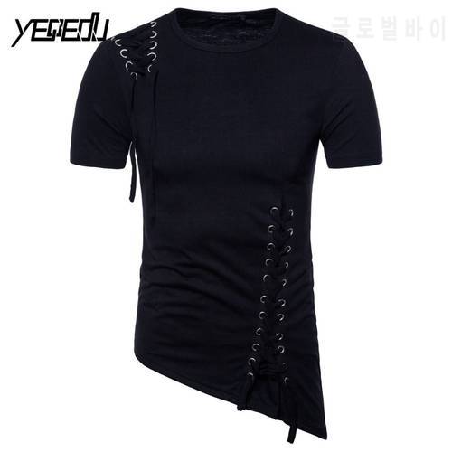 4107 Bandage Hip Hop T Shirt Men Short Sleeve Black/White Asymmetrical Hem Punk Style Tee Shirt Homme Mens Clothing Euro Size