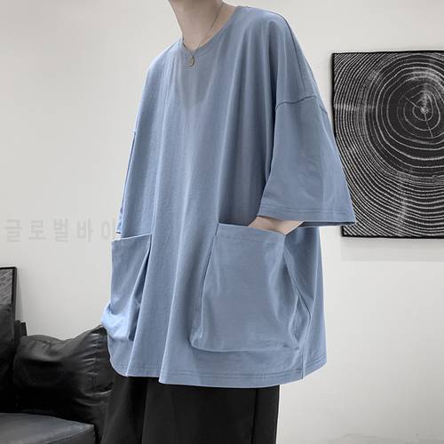 Men&39s T-shirt Harajuku Loose Hip-hop Solid Pocket T-shirts Korean Style Ins Five-point Sleeve Oversized T Shirt Men&39s Clothing