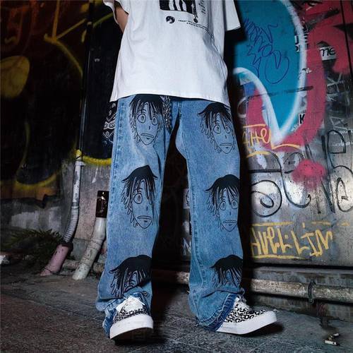 Men Jeans Wide Leg Denim Pant Loose Straight Anime Men&39s Jeans Streetwear Vintage Pants Manga Unisex Trousers Hip Hop Casual