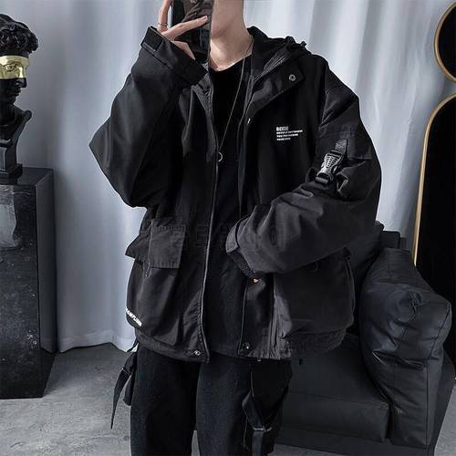 Tactical Hip Hop Cargo Techwear Jackets Coats Streetwear Cardigan Casual Bomber Outerwear Hooded Letter Multi-pocket for Men