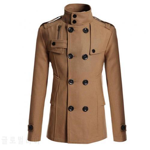 Ele-choices M-3XL Men Autumn&Winter Long Sleeve Lapel Collar Double-breasted Pockets Woolen Slim Trench Coat for Daily Work