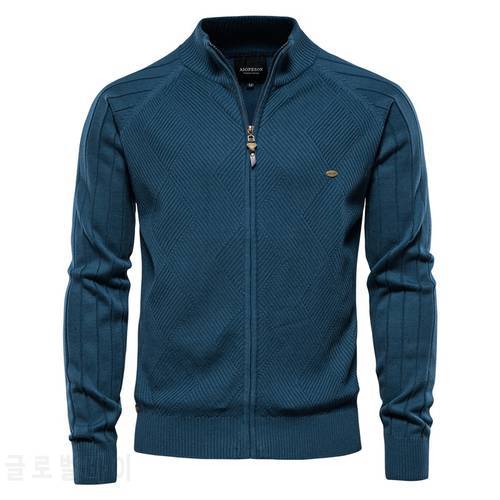 AIOPESON Argyle Solid Color Cardigan Men Casual Quality Zipper Cotton Winter Mens Sweaters Fashion Basic Cardigans for Men