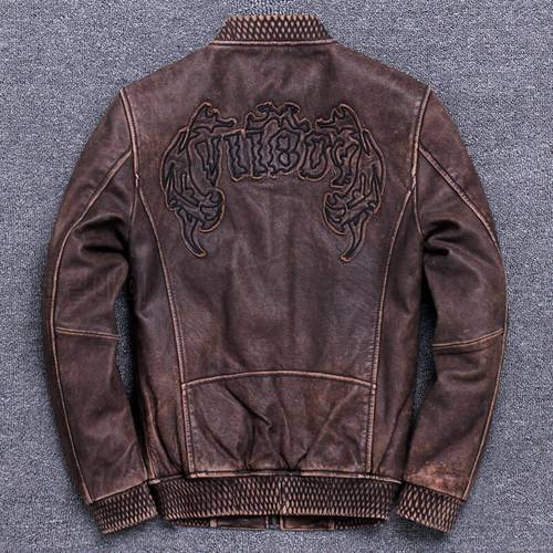 New Men&39s Retro Distressed Genuine Cowhide Leather Jacket Motorcycle Clothing Cowhide Jacket Fashion Slim Leather jacket Coat