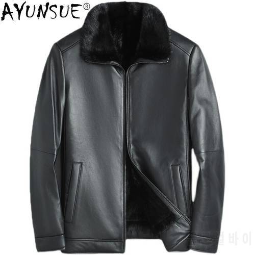AYUNSUE Winter Genuine Sheepskin Leather Jacket Men Warm Mink Fur Liner Coat Male Short Slim Leather Coats Jaqueta Masculina 805