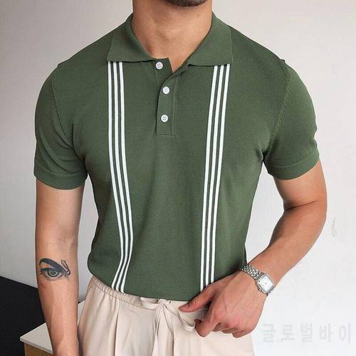 Knit top summer casual men&39s retro striped short-sleeved slim Polo shirt men&39s button lapel Polo shirt fashion