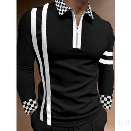 Hot Sale 2021 Autumn and winter Men&39s Slim Casual Fashion Long-Sleeved Polo Shirts Turn-down Collar Zipper Design Tops