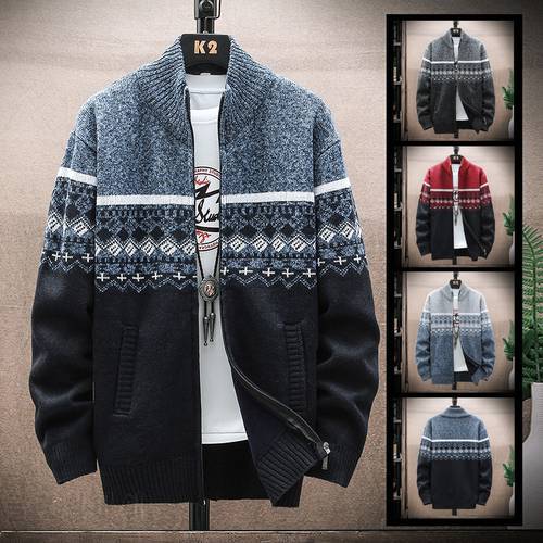 2022 Autumn Korean O-Neck Men&39s Thick Sweaters with Velvet Men&39s Cardigan Knitted Sweatercoats Patchwork Jacket Male M-3XL 6637