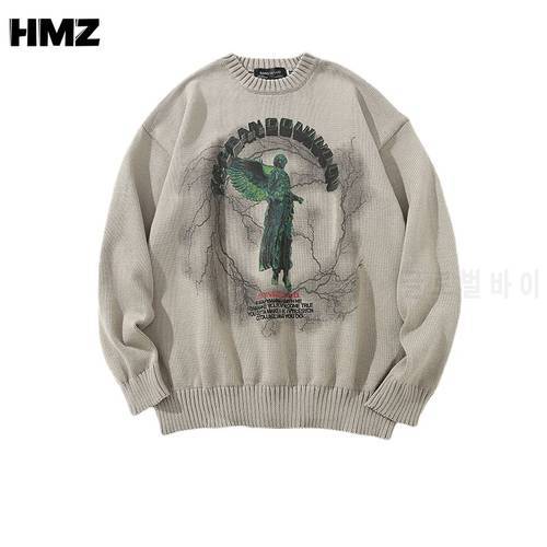 HMZ Men Hip Hop Knitted Jumper Sweaters Angel Lightning Printed Streetwear Harajuku Autumn Oversize Hipster Casual Pullovers