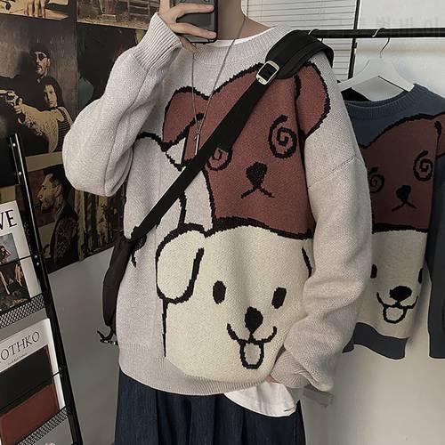 Oversized Sweater Korean Style Men Harajuku Cute Cartoon Dog Pattern Printing Men&39s Clothing Winter Warm Halloween Knit Pullover