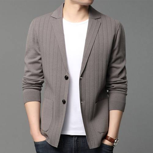 2021 New Suit Men Knitted Coat Casual Fashion Stripe Cardigan Jacket Korean Solid Blazer Outwear Male Clothing Casaco Masculino