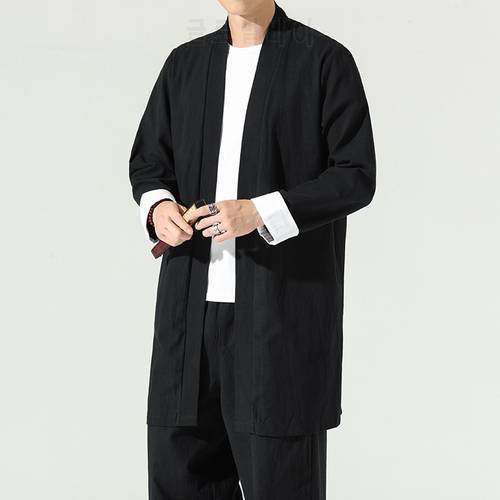 4226 Black Blue Green Hanfu Coat Men Vintage Kimono Jacket Cardigan Thin Loose Cotton Linen Coat Windbreaker Jacket Long Sleeve