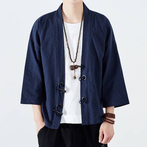 4322 Vintage Kimono Cardigan Jacket Men Japanese Style Horn Button Linen Windbreaker Men Kimono Coat Cloak Plus Size 5XL Loose