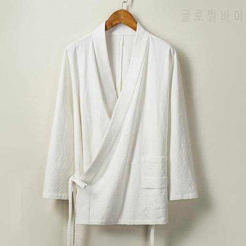 4215 Spring Autumn Chinese Style Cotton Linen Coat Men Belt Vintage Coat Men Long Sleeved Vintage Men&39s Jacket Plus Size 4XL