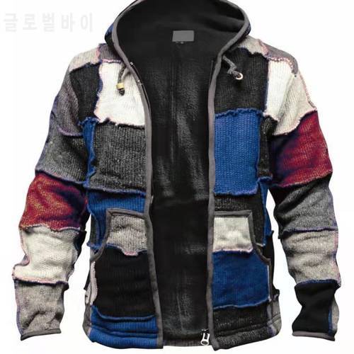 New Men Cardigan Hooded Coat Casual Loose Ethnic Long Sleeve Vintage Patchwork Knitted Jacket Male Outwear Pluse Size S-6XL