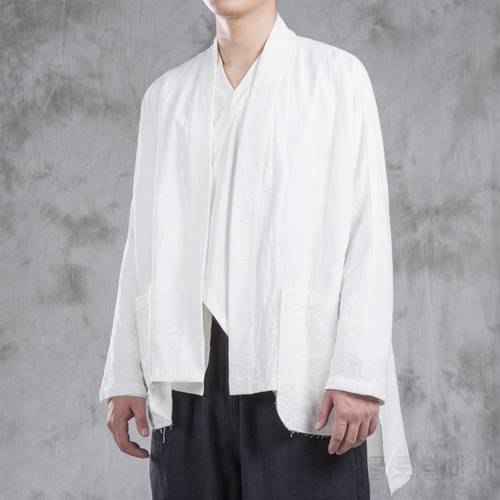 4314 Spring Kimono Coats Men Cotton Linen Vintage Chinese Style Cardigan Kimono Jacket Male Streetwear White/Black/Blue Hip Hop