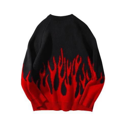 Sweater Men Streetwear Retro Flame Pattern Hip Hop Autumn New Pull Over Spandex O-neck Oversize Couple Casual Men&39s Sweaters