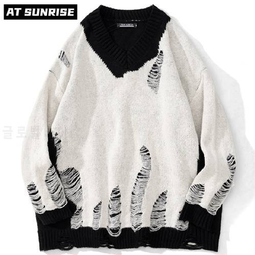 Men HipHop Streetwear Harajuku Hole Sweater White Retro Sweater Knitted Sweater Cotton Pullovers Unisex oversized winter clothes