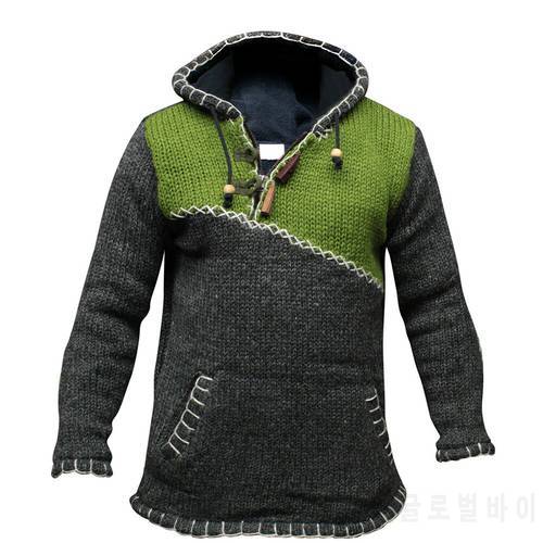 Knitted Sweater Men Hoodie Pullover Jumper Streetwear Cropped Autumn Spring Splice Stitch Hooded Long Sleeve Sweatshirt Thin Top