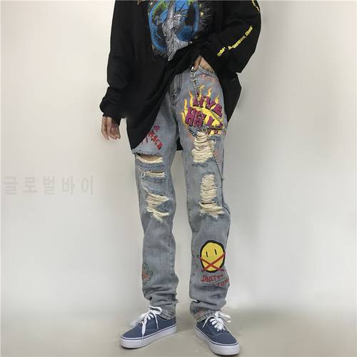 Men&39s and women&39s jeans high street national tide hip-hop music smiley hole hand-painted graffiti print denim trousers