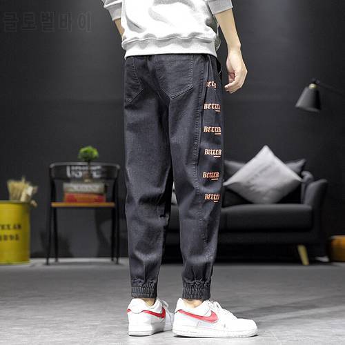 2020 spring Japanese stitching denim trousers men&39s loose increase letters printed Harem pants tide brand beam pants