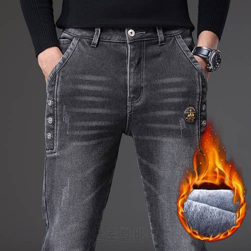 Warm Jeans Men 2021 Winter Jeans Fleece Slim Straight Grey Stretch Plus Velvet Thicken Denim Pants Regular Male Trousers