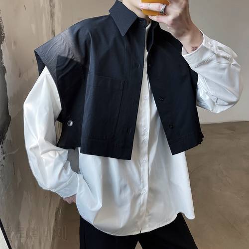 Men Wide Shoulder Sleeveless Loose Casual Short Style Shirt Male Japan Korea Streetwear Fashion Show Shirt