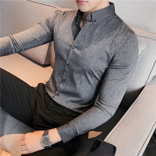Plus Size 4XL-M Top Quality Luxury Gentlemen Stretched Shirt Men Clothing Simple Slim Fit Long Sleeve Casual Office Blouse Homme