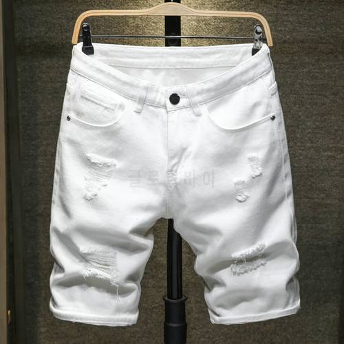 new White jeans shorts men Ripped Hole Frayed Knee length classic simple Fashion Casual Slim Denim shorts Male high quality