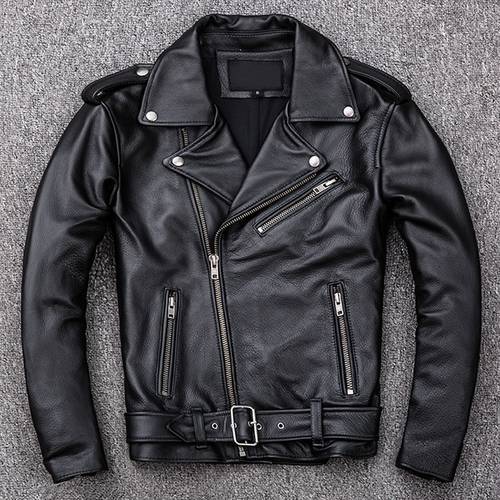 Spring Classical Motorcycle Oblique Zipper Jackets Men Leather Jacket Natural Calf Skin Thick Slim Cowhide Moto Biker Jacket Man