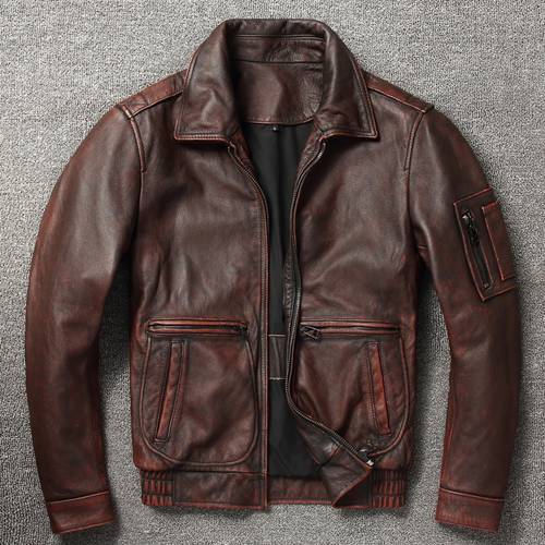100% Cowhide Genuine Leather Coat for Men style of Moto & Biker Vintage Slim Male Natural Fashion lapel Leather Jacket